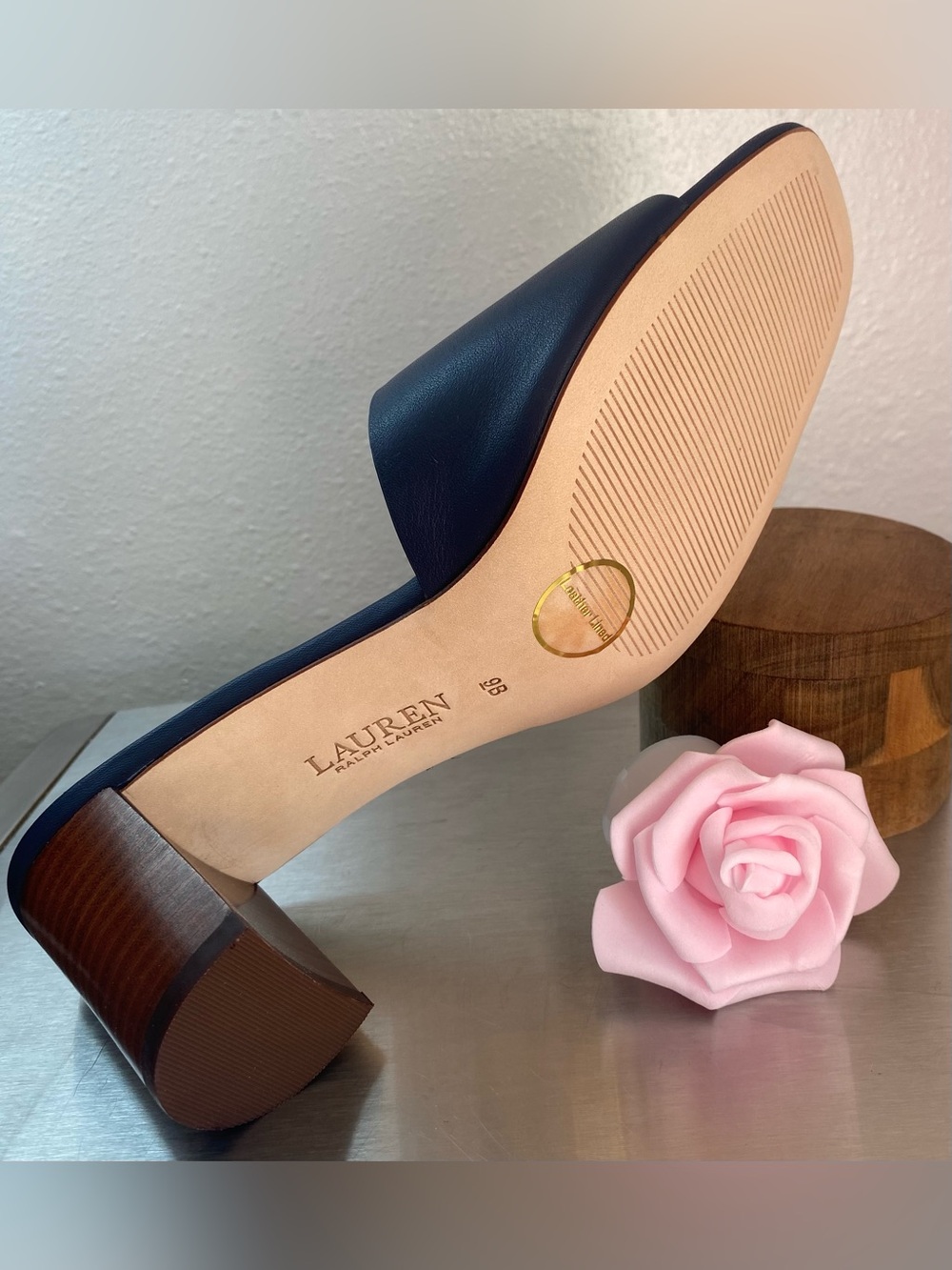 RALPH LAUREN NAVY LEATHER BLOCK HEEL MULES-NEW - Picture 12 of 15